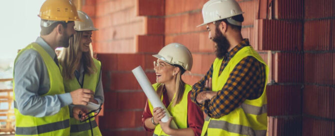 Baumanager unterhalten sich auf Baustelle