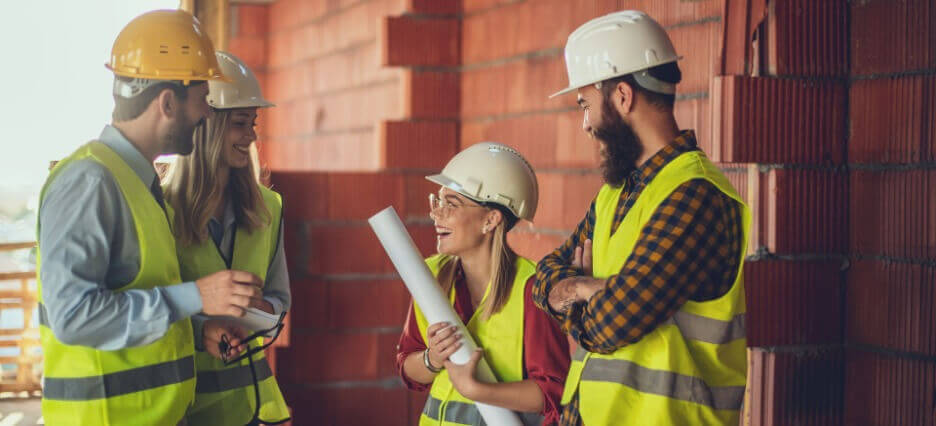 Baumanager unterhalten sich auf Baustelle